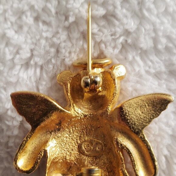 Vintage Angel Teddy Bear Pin with Halo Gemstone Eyes, Pinback, Gold - Picture 5 of 6